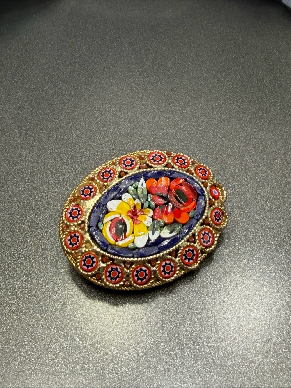 Vintage  Floral Micro Mosaic Brooch - Gold Trim #17mo